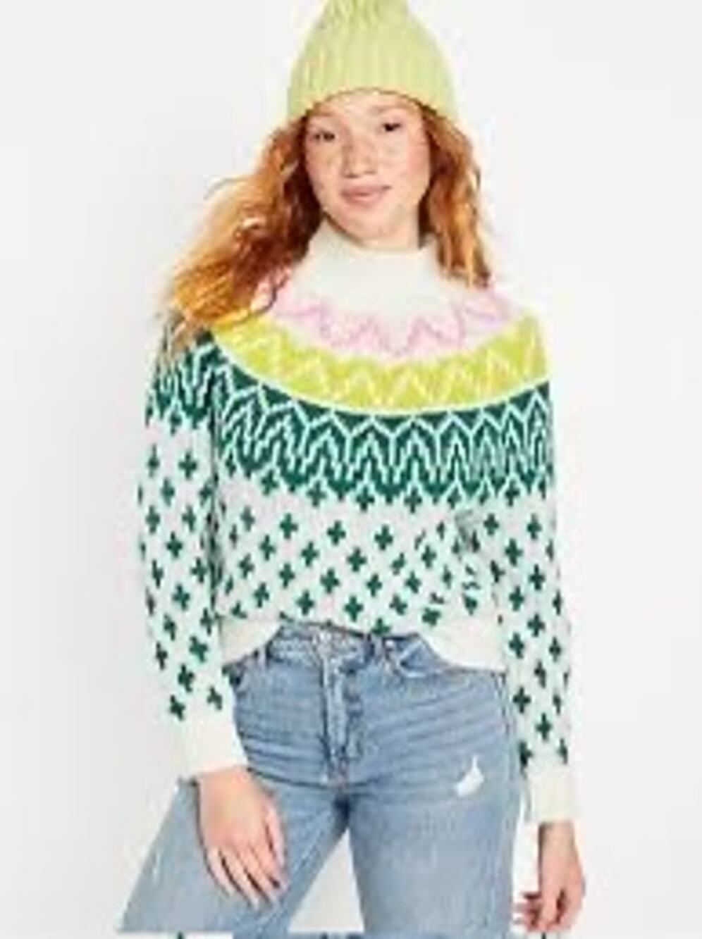 Old Navy Sweater Women’s Small Fair Isle Mock Neck Pullover White Pink Green NWT